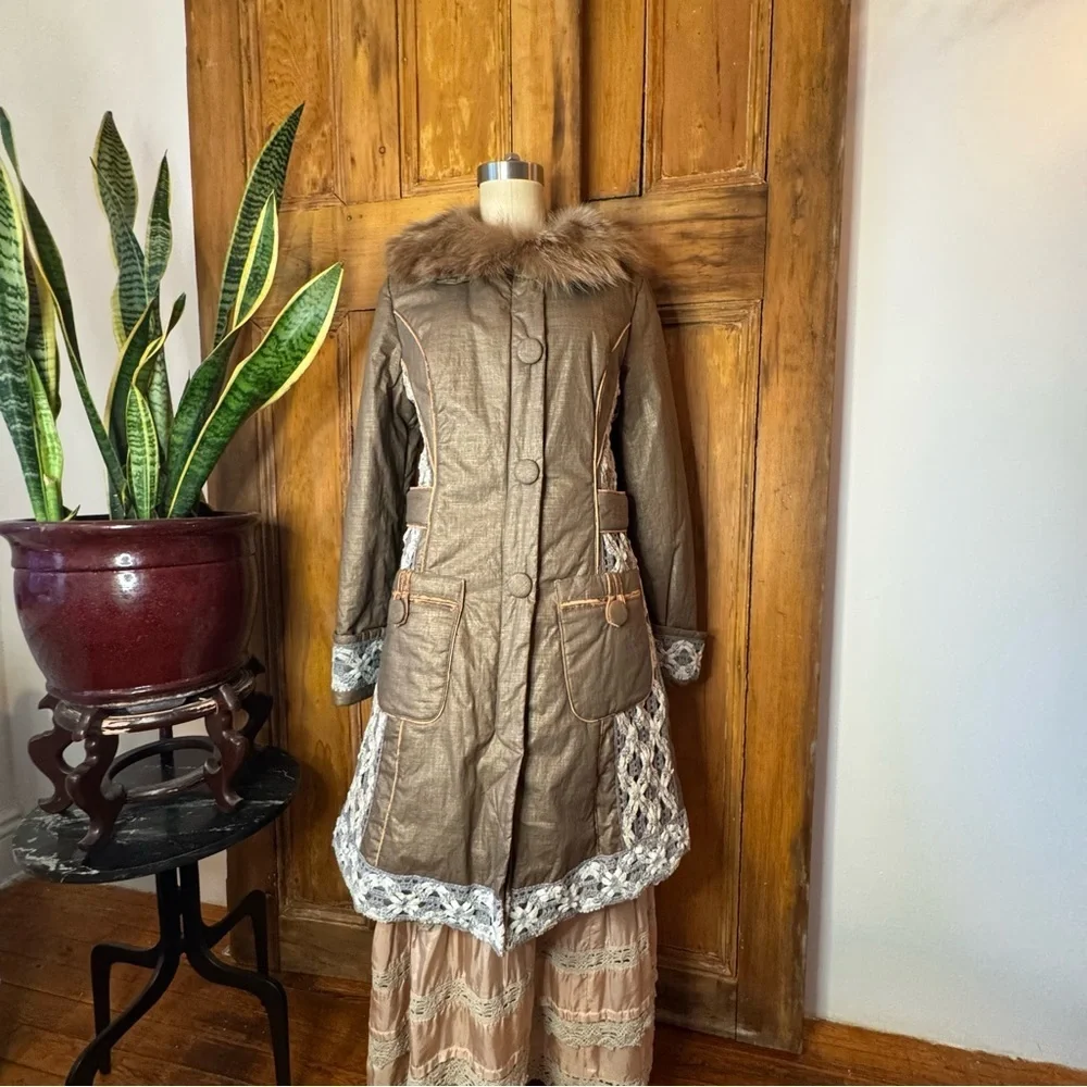 Penny Lane fur cotton crochet puffer button down fur collar coat - Picture 6 of 17